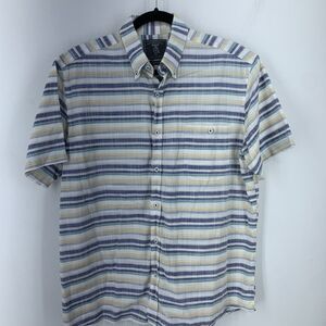 Maker & Company Mens Large Button Down Shirt Cotton Blue Yellow Stripes Preppy